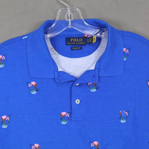 Polo Ralph Lauren Flamingo Polo Shirt Mens XL Blue Classic Fit All-over Print - Picture 1 of 7